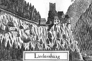 Burg Lichtenhag in Gramastetten (Oberösterreich) auf einem Stich von G. M. Vischer 1674.